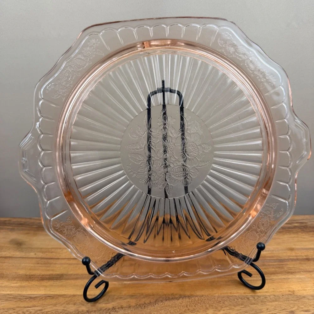 Anchor Hocking Mayfair Open Rose Pink Depression Glass Cake Plate 12.5